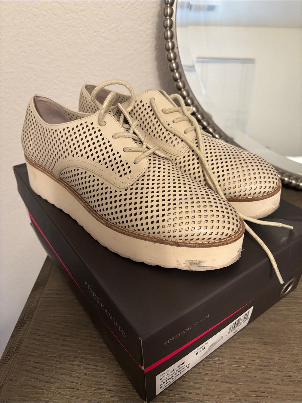 Vince Camuto Cream Perforated Lace-Up Platform Sneakers